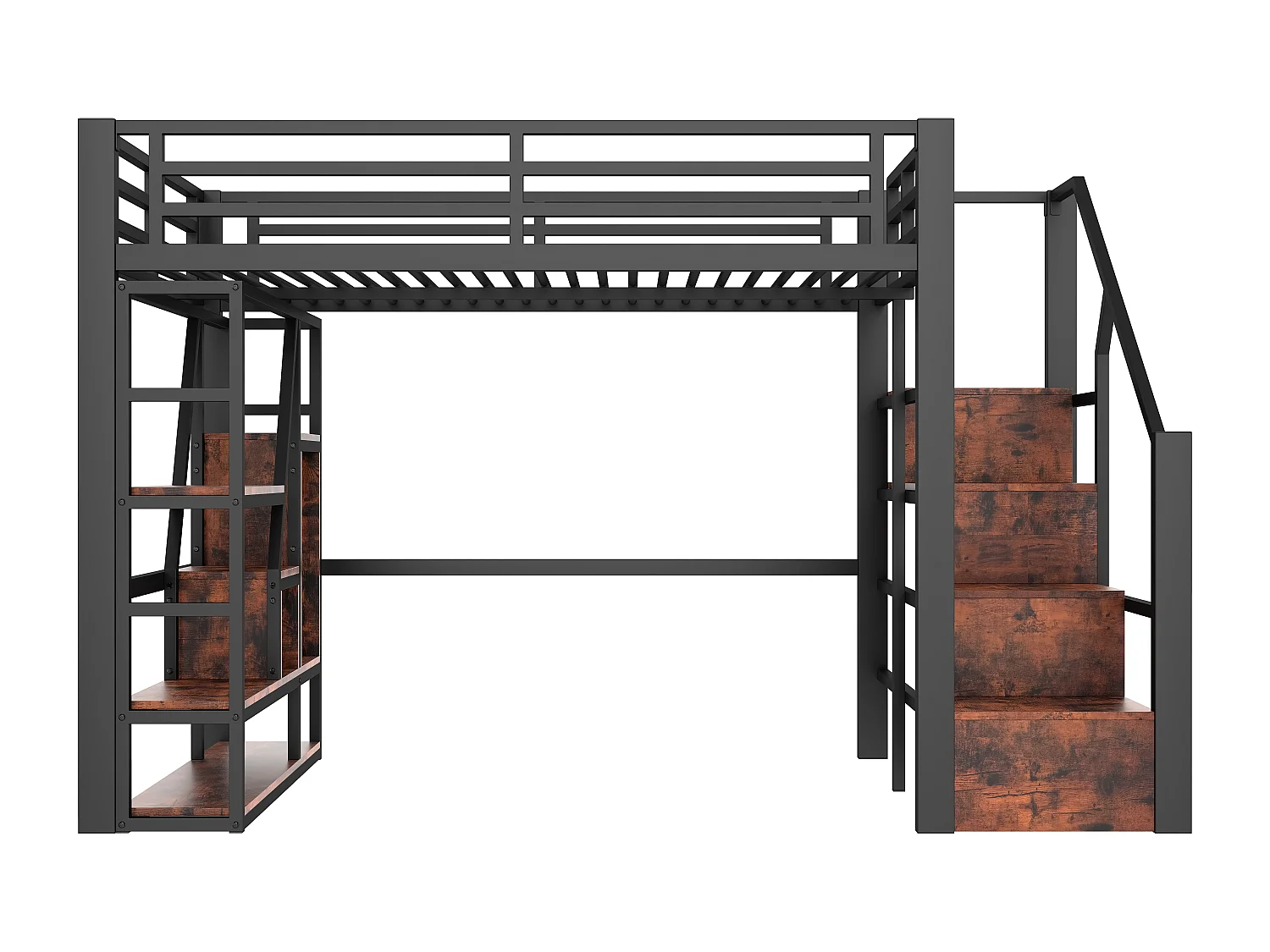 Lit mezzanine enfant 140 x 200 cm avec LED, rangement et escalier - MDF + métal -Noir