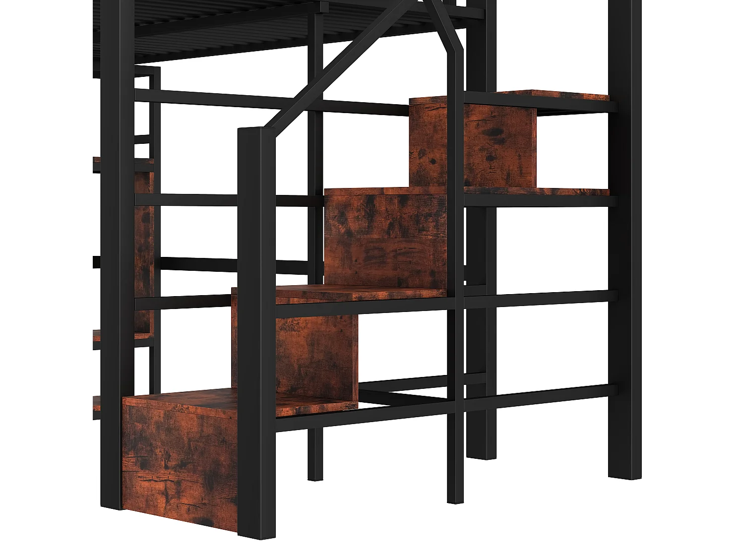 Lit mezzanine enfant 140 x 200 cm avec LED, rangement et escalier - MDF + métal -Noir