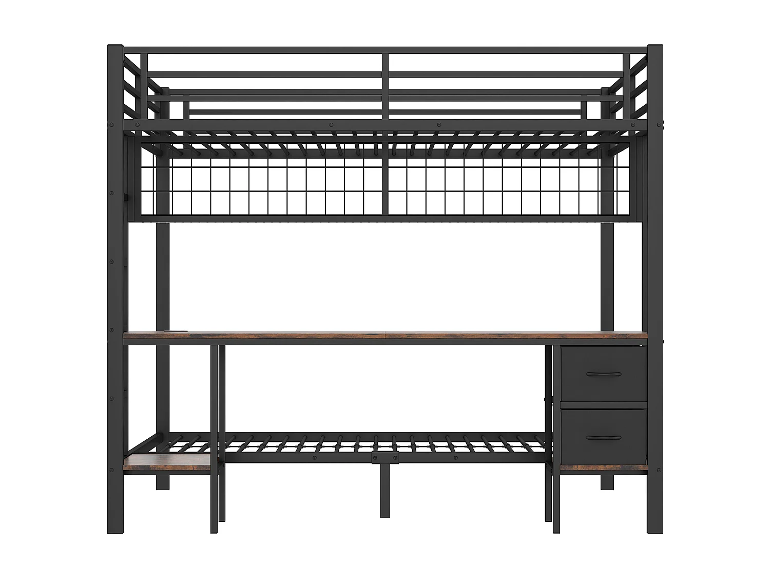 Letto a castello 90x200 cm e 140x200 cm con 2 cassetti, scrivania, LED e porte USB, nero