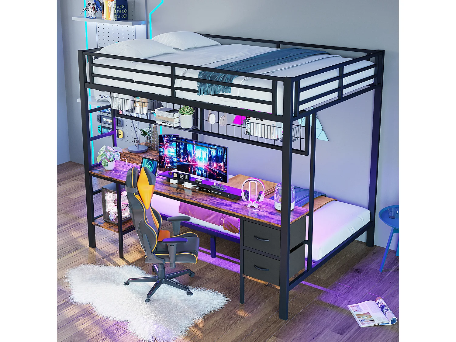 Lit superposé 90x200 cm et 140x200 cm avec 2 tiroirs, bureau, LED et ports USB, noir