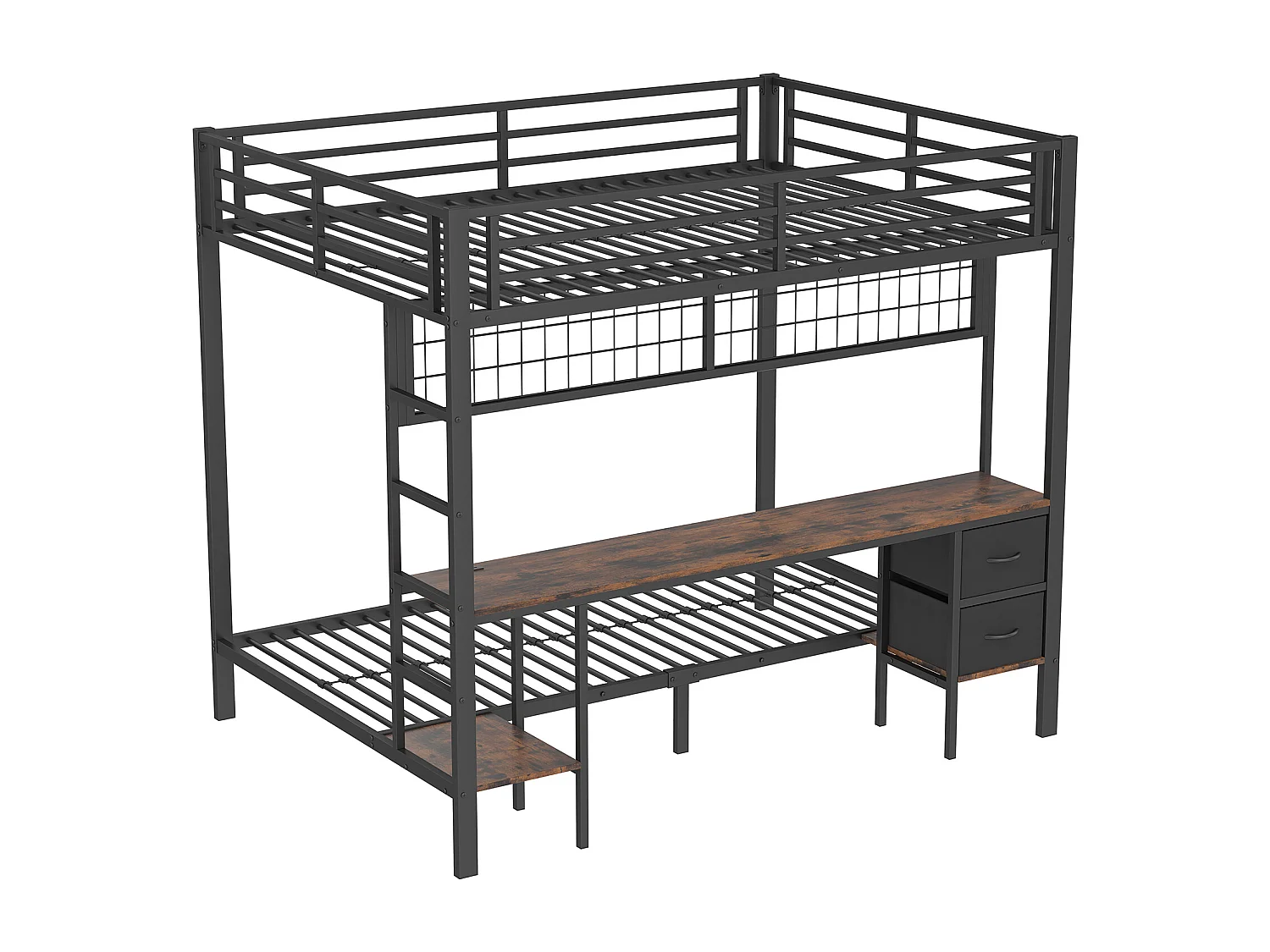 Lit superposé 90x200 cm et 140x200 cm avec 2 tiroirs, bureau, LED et ports USB, noir