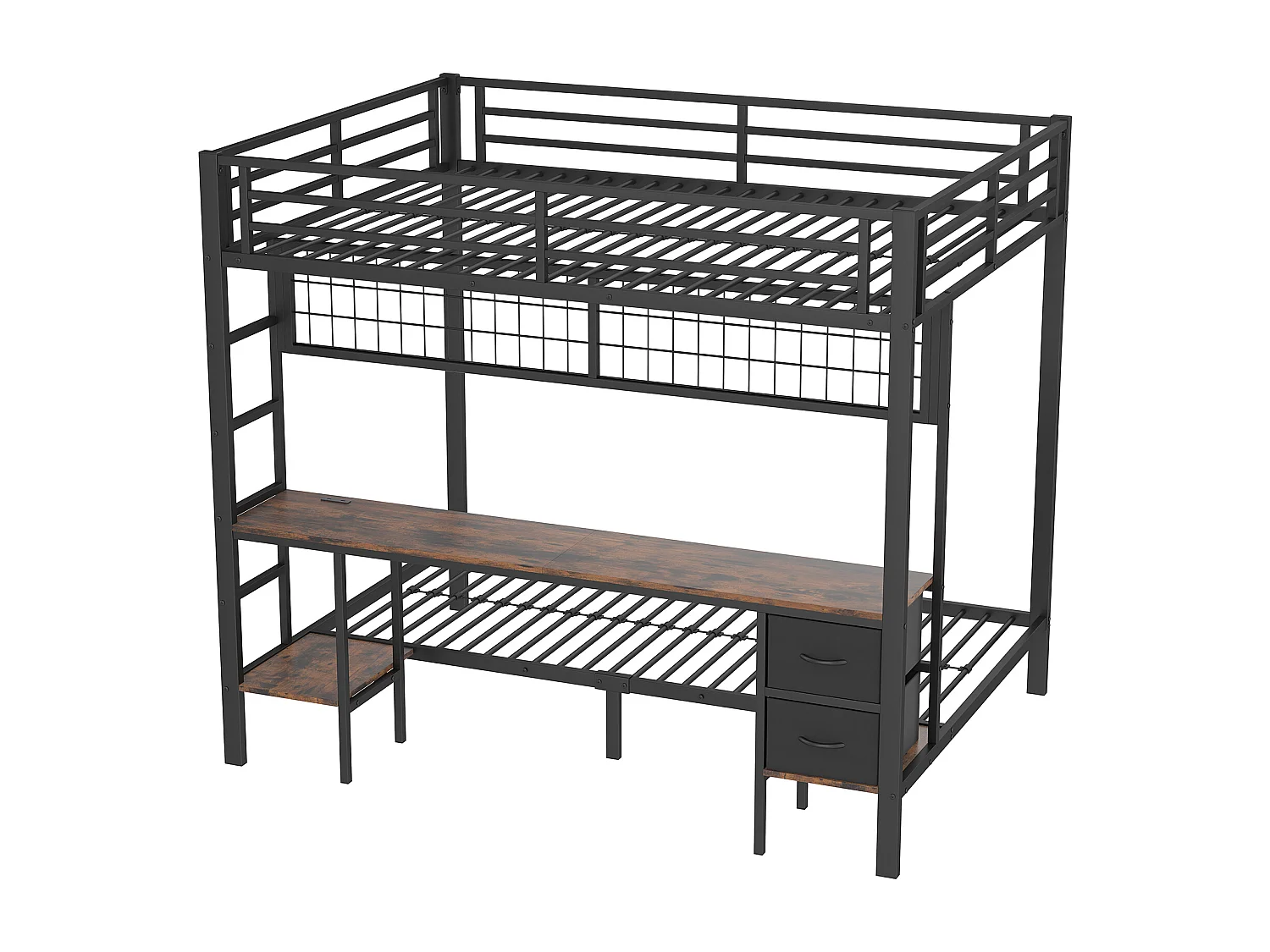 Lit superposé 90x200 cm et 140x200 cm avec 2 tiroirs, bureau, LED et ports USB, noir