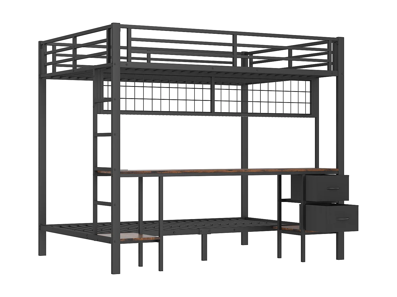 Lit superposé 90x200 cm et 140x200 cm avec 2 tiroirs, bureau, LED et ports USB, noir