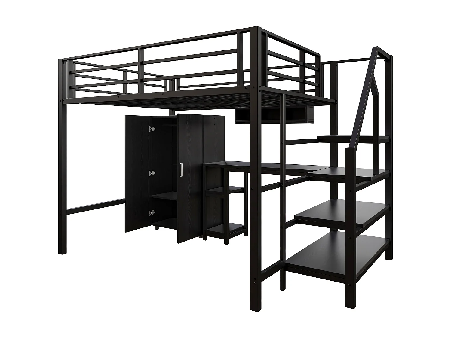 Letto a soppalco 140x200cm con scaletta contenitore, scrivania e armadio - Metallo + MDF - Nero