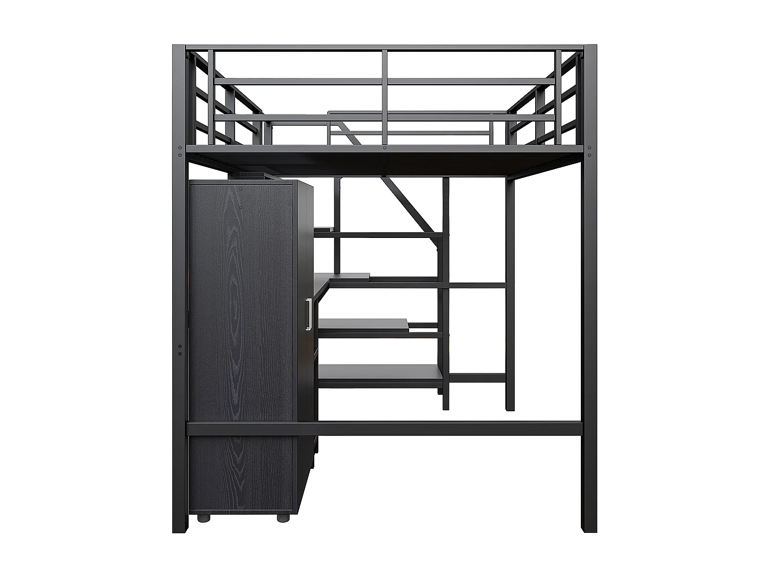 Lit mezzanine 140x200cm avec escalier de rangement, bureau et armoire - Métal + MDF - Noir