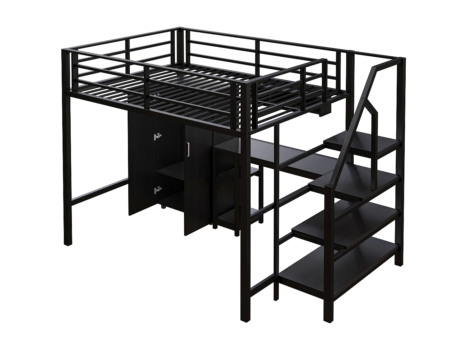 Lit mezzanine 140x200cm avec escalier de rangement, bureau et armoire - Métal + MDF - Noir