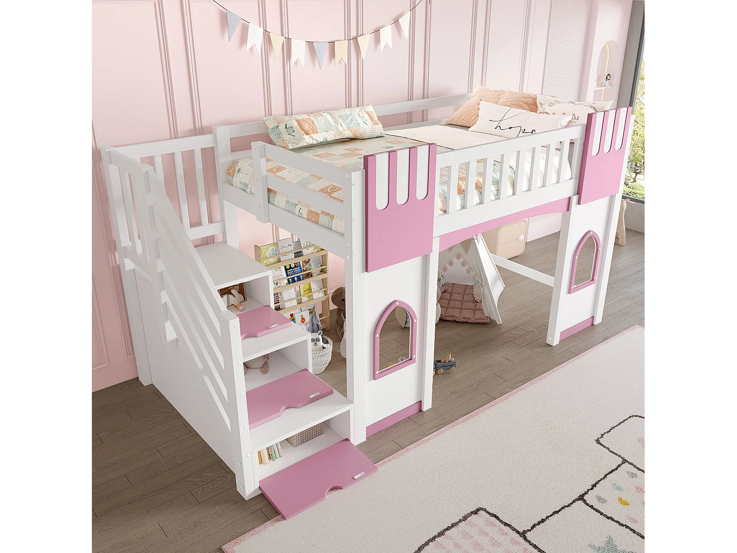 Lit mezzanine enfant 90 x 200 cm avec escalier de rangement et fenêtre, sommier à lattes, blanc et rose