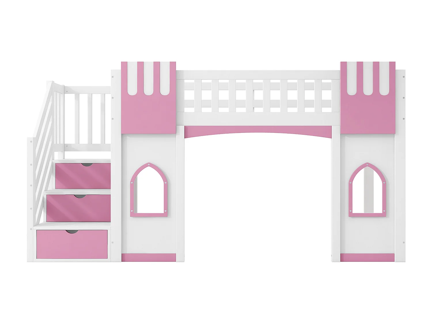 Lit mezzanine enfant 90 x 200 cm avec escalier de rangement et fenêtre, sommier à lattes, blanc et rose