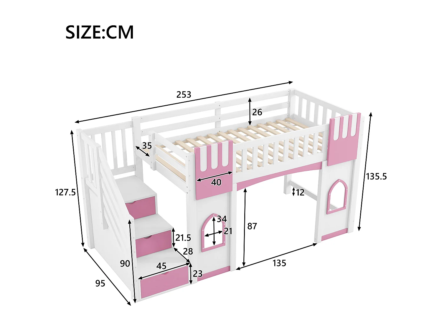 Lit mezzanine enfant 90 x 200 cm avec escalier de rangement et fenêtre, sommier à lattes, blanc et rose