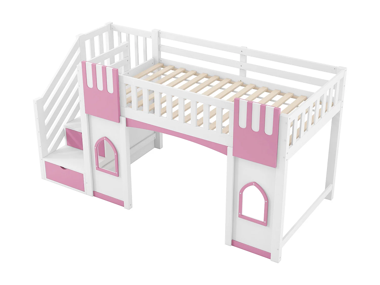Lit mezzanine enfant 90 x 200 cm avec escalier de rangement et fenêtre, sommier à lattes, blanc et rose