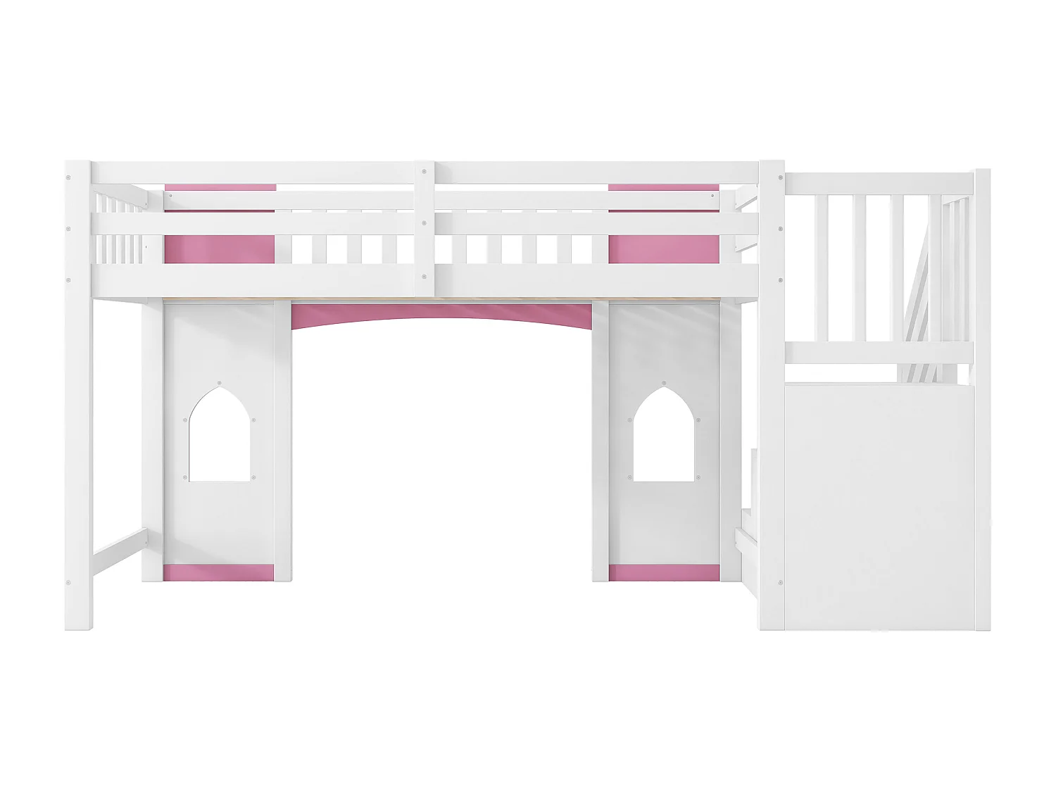Lit mezzanine enfant 90 x 200 cm avec escalier de rangement et fenêtre, sommier à lattes, blanc et rose