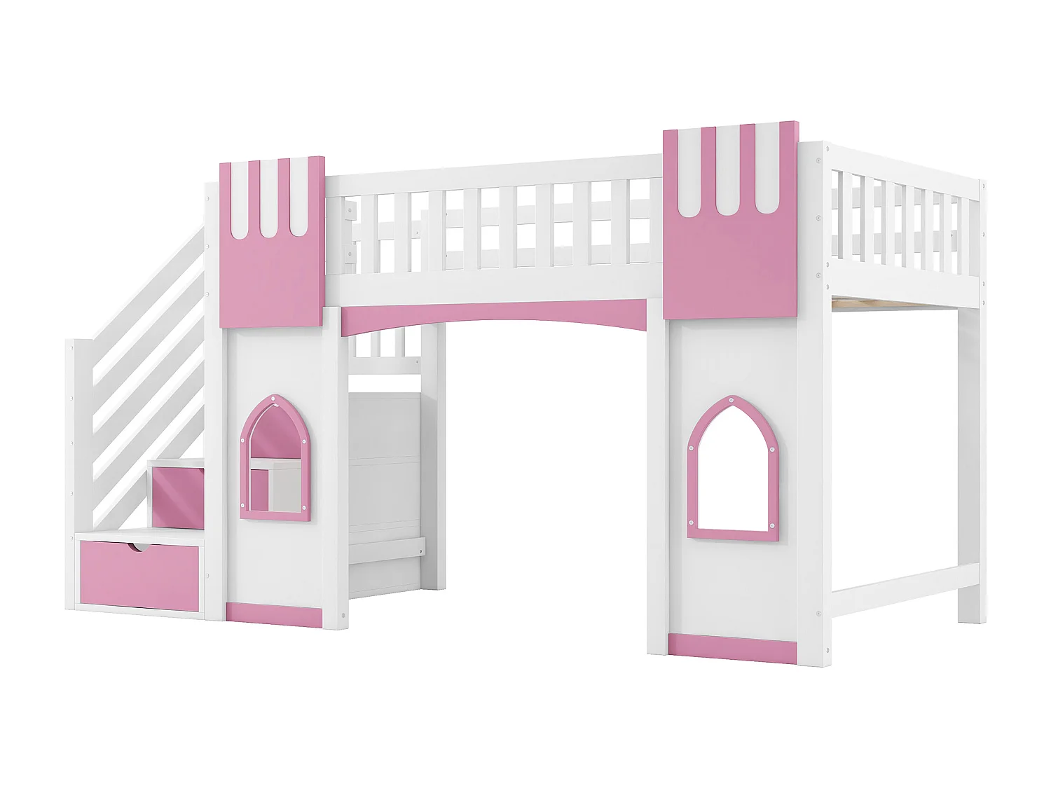 Lit mezzanine enfant 90 x 200 cm avec escalier de rangement et fenêtre, sommier à lattes, blanc et rose