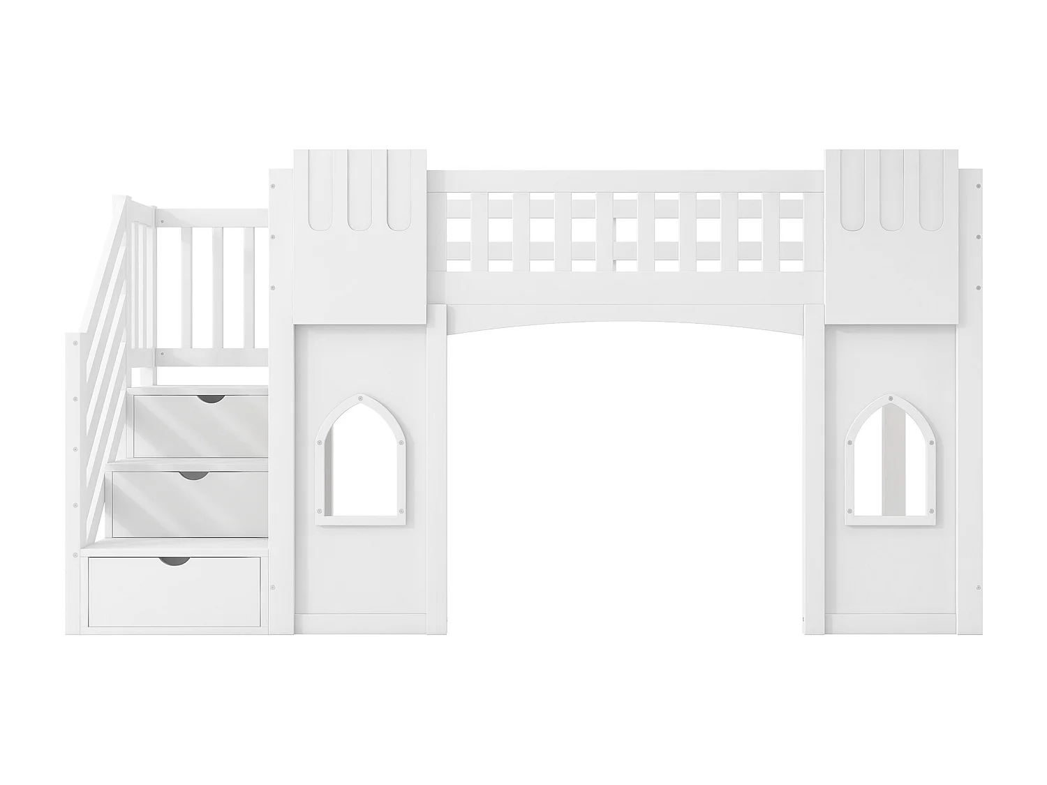 Lit mezzanine enfant 90 x 200 cm avec escalier de rangement et fenêtre, sommier à lattes, blanc