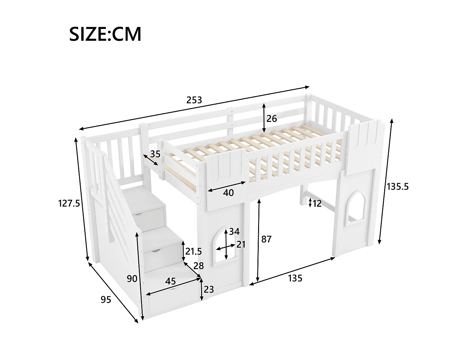 Lit mezzanine enfant 90 x 200 cm avec escalier de rangement et fenêtre, sommier à lattes, blanc