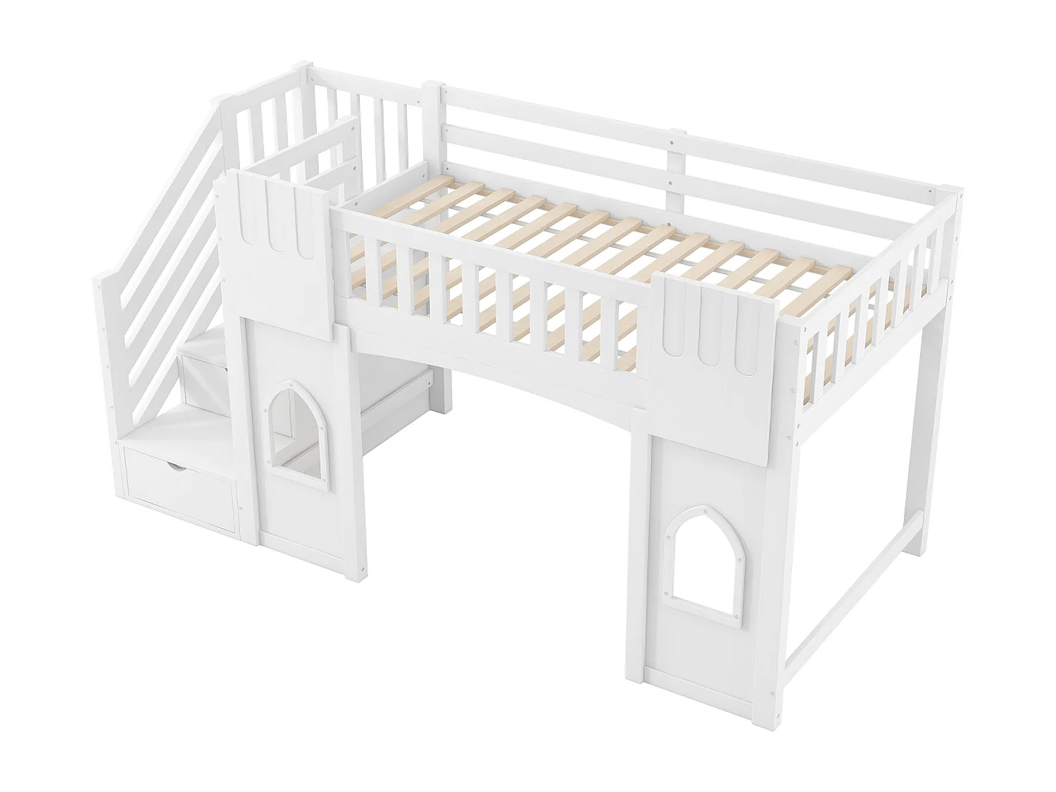 Lit mezzanine enfant 90 x 200 cm avec escalier de rangement et fenêtre, sommier à lattes, blanc