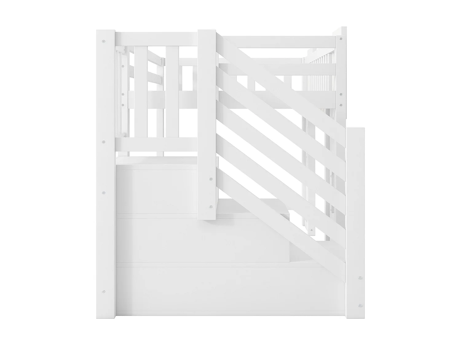 Lit mezzanine enfant 90 x 200 cm avec escalier de rangement et fenêtre, sommier à lattes, blanc