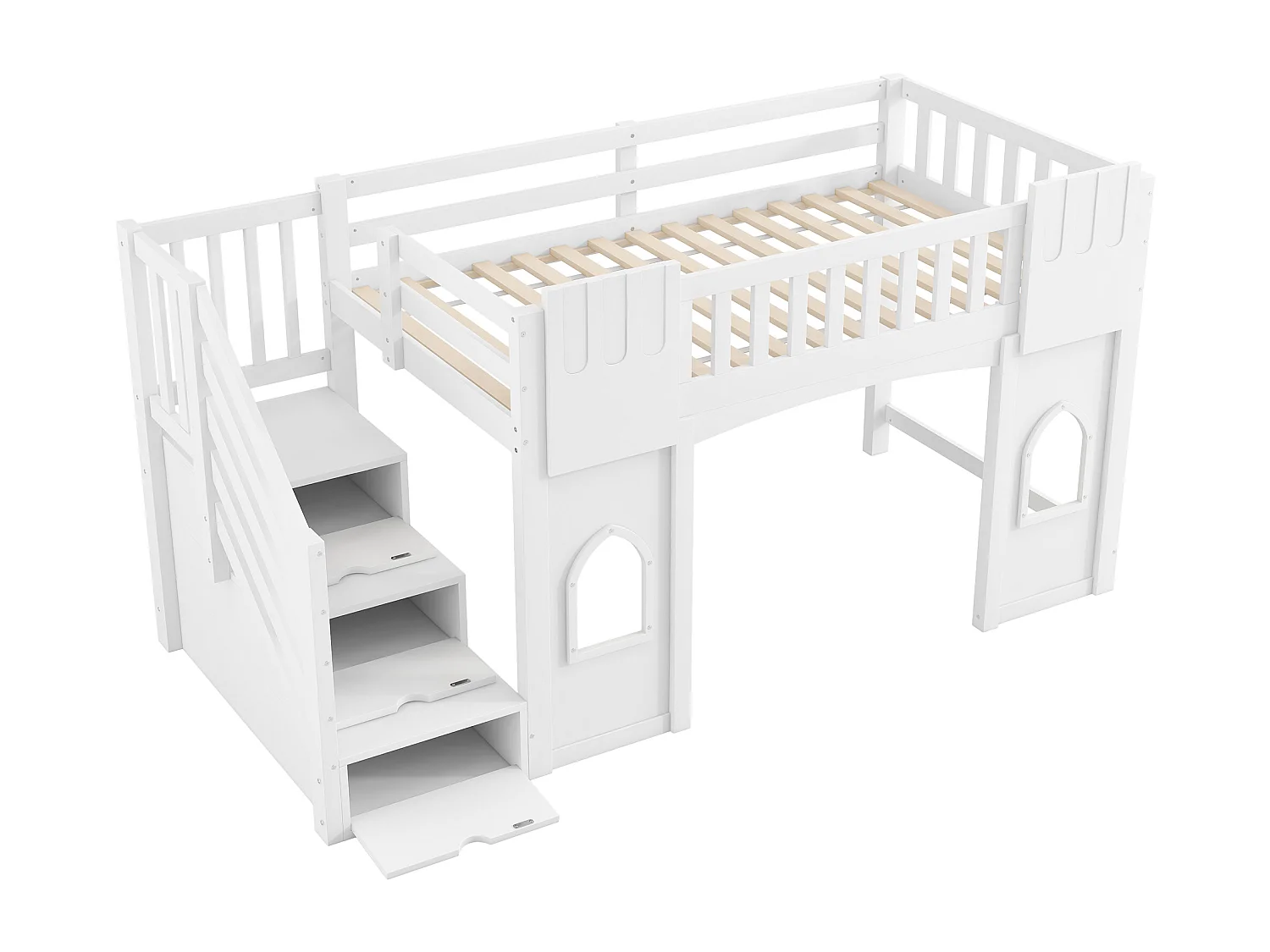 Lit mezzanine enfant 90 x 200 cm avec escalier de rangement et fenêtre, sommier à lattes, blanc
