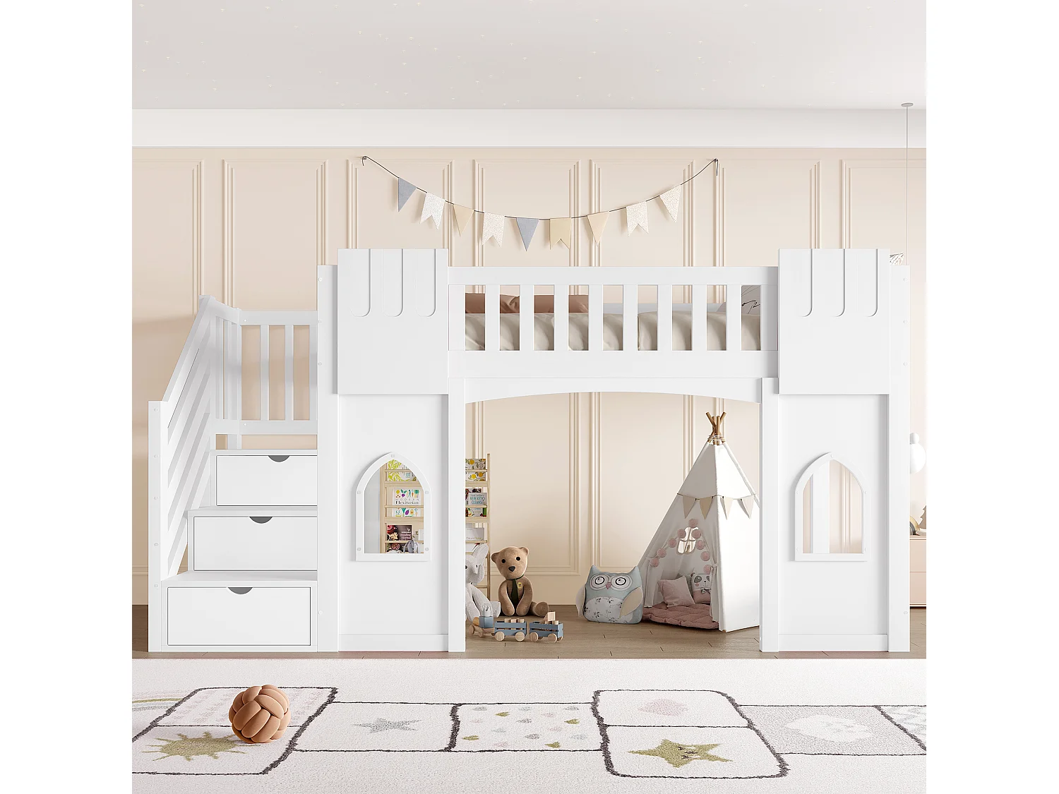 Lit mezzanine enfant 90 x 200 cm avec escalier de rangement et fenêtre, sommier à lattes, blanc