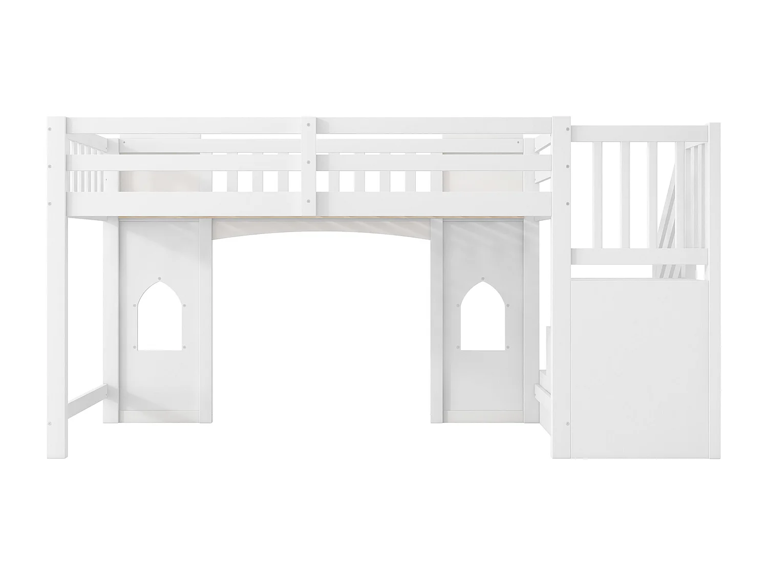 Lit mezzanine enfant 90 x 200 cm avec escalier de rangement et fenêtre, sommier à lattes, blanc