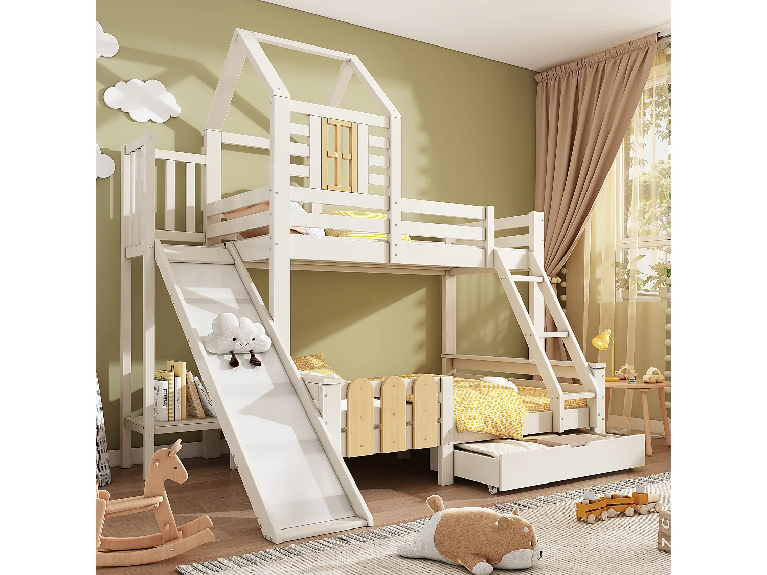 Lit superposé cabane enfant 90x200 cm et 140x200 cm avec tiroir et toboggan - Blancs