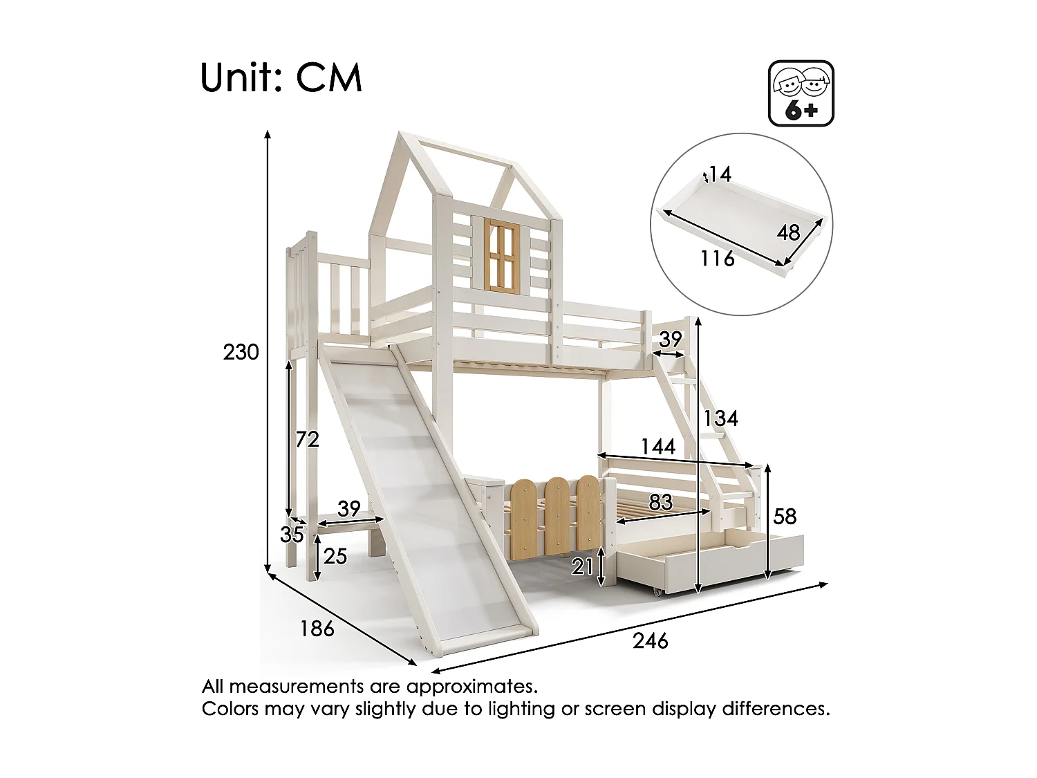 Lit superposé cabane enfant 90x200 cm et 140x200 cm avec tiroir et toboggan - Blancs