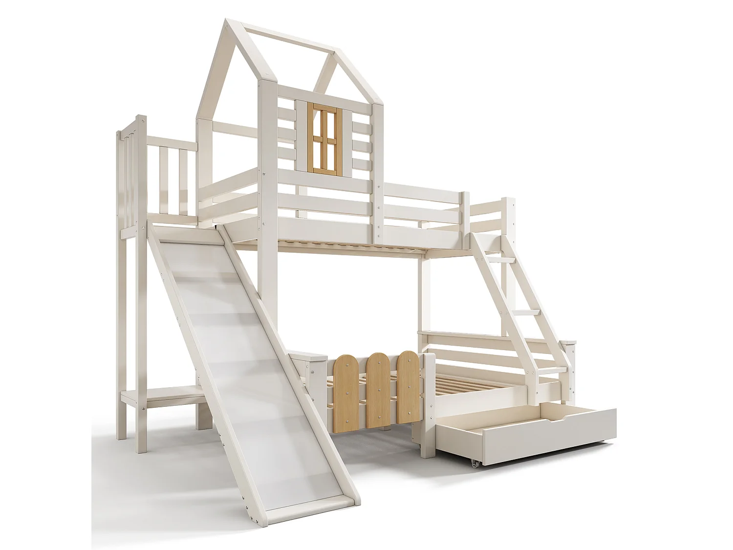 Lit superposé cabane enfant 90x200 cm et 140x200 cm avec tiroir et toboggan - Blancs