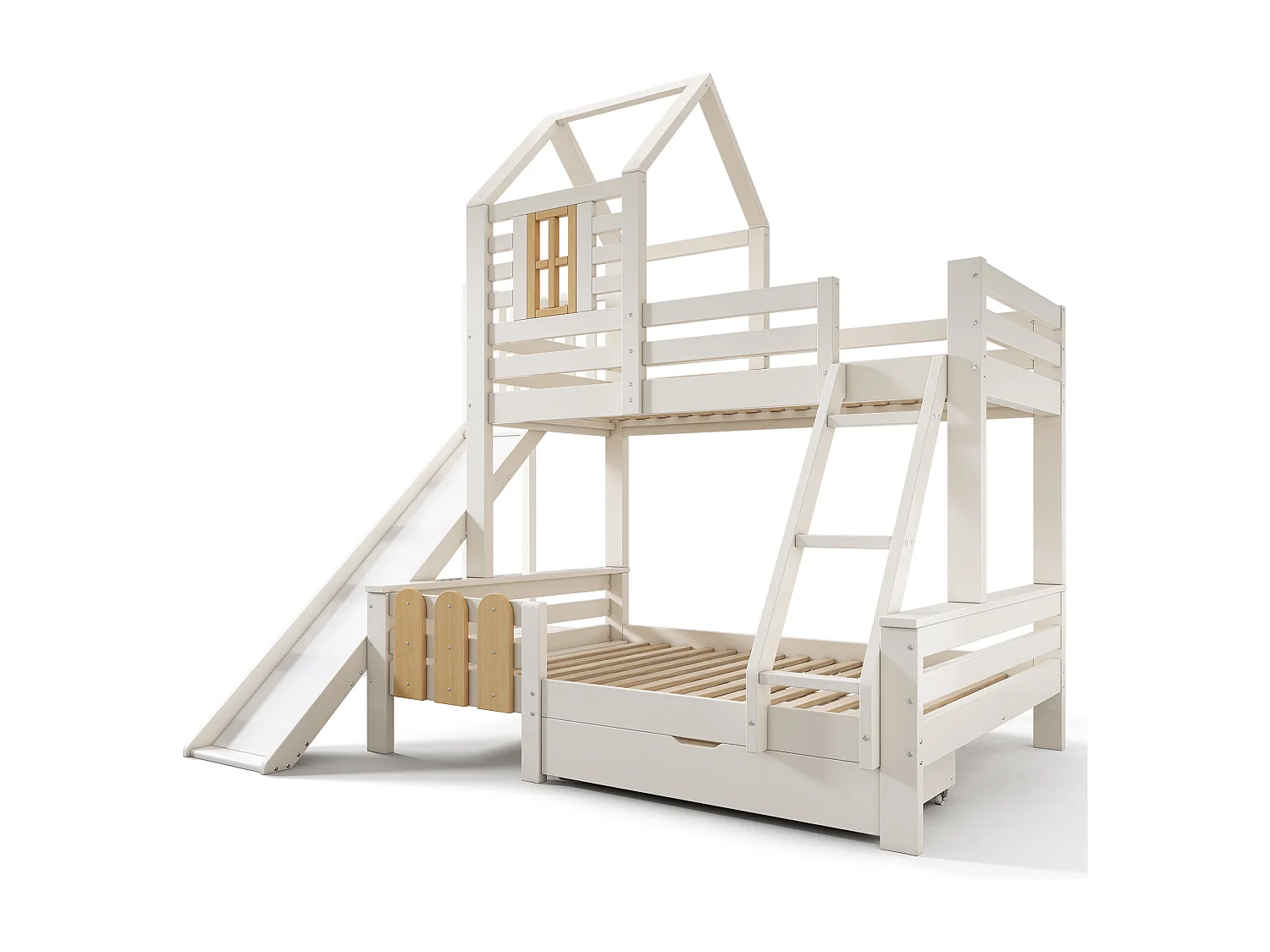 Lit superposé cabane enfant 90x200 cm et 140x200 cm avec tiroir et toboggan - Blancs