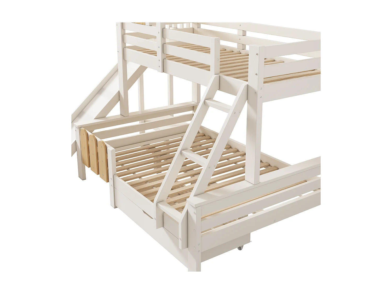 Lit superposé cabane enfant 90x200 cm et 140x200 cm avec tiroir et toboggan - Blancs