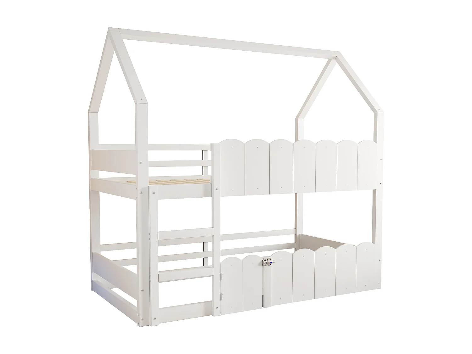 Lit superposé cabane enfant 90x200cm avec hautes barrières de sécurité, sans matelas, blanc