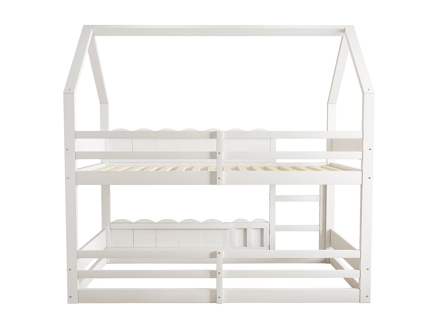 Lit superposé cabane enfant 90x200cm avec hautes barrières de sécurité, sans matelas, blanc