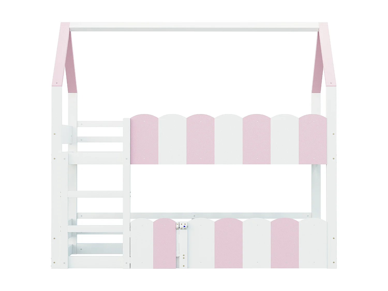 Lit superposé cabane enfant 90x200cm avec hautes barrières de sécurité, sans matelas, rose et blanc