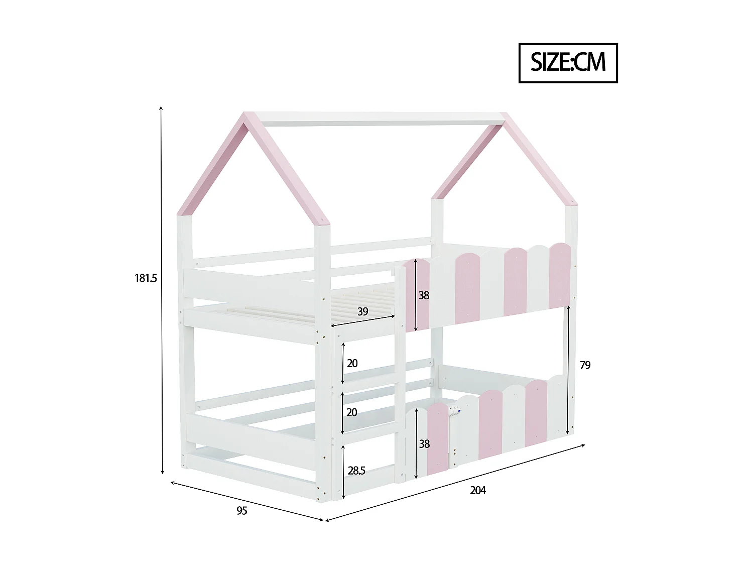 Lit superposé cabane enfant 90x200cm avec hautes barrières de sécurité, sans matelas, rose et blanc
