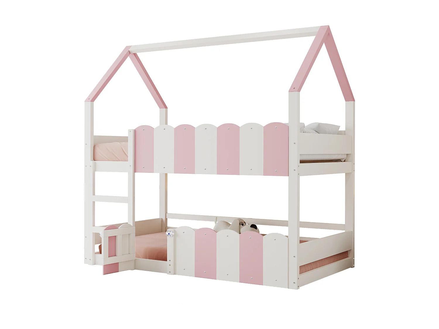 Lit superposé cabane enfant 90x200cm avec hautes barrières de sécurité, sans matelas, rose et blanc