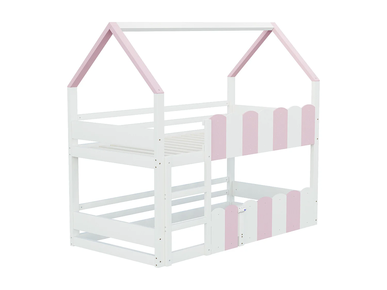 Lit superposé cabane enfant 90x200cm avec hautes barrières de sécurité, sans matelas, rose et blanc