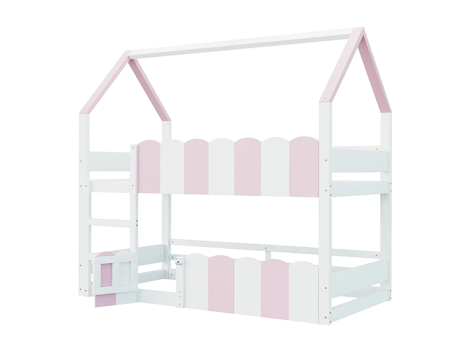 Lit superposé cabane enfant 90x200cm avec hautes barrières de sécurité, sans matelas, rose et blanc