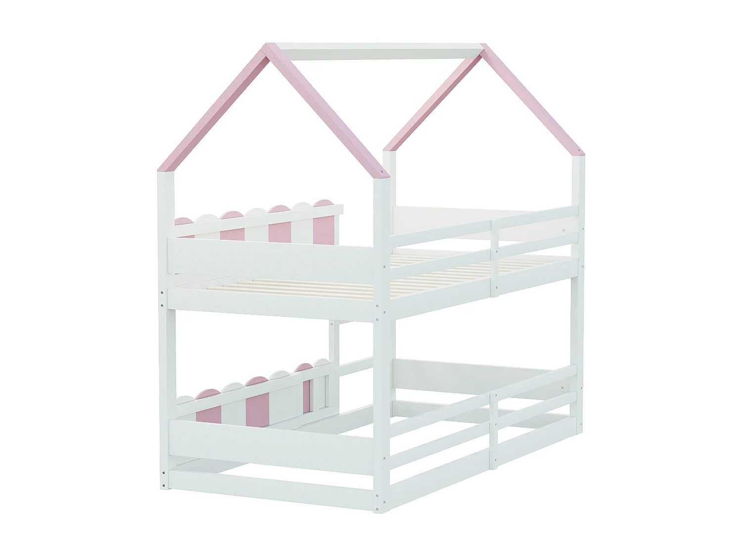 Lit superposé cabane enfant 90x200cm avec hautes barrières de sécurité, sans matelas, rose et blanc