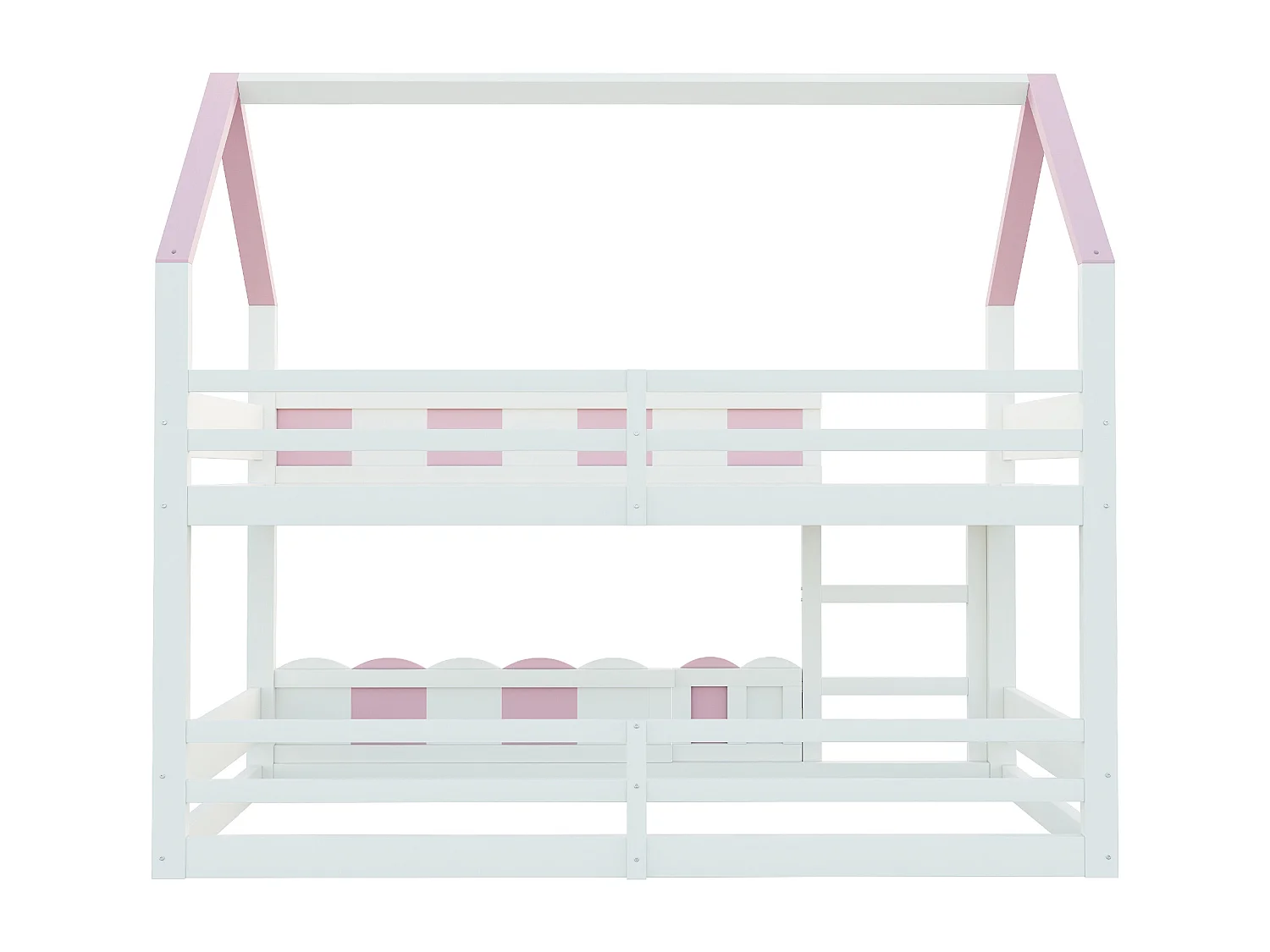 Lit superposé cabane enfant 90x200cm avec hautes barrières de sécurité, sans matelas, rose et blanc