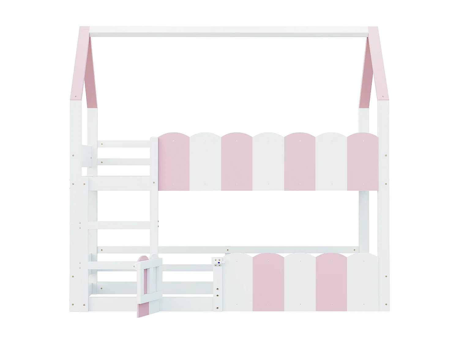 Lit superposé cabane enfant 90x200cm avec hautes barrières de sécurité, sans matelas, rose et blanc