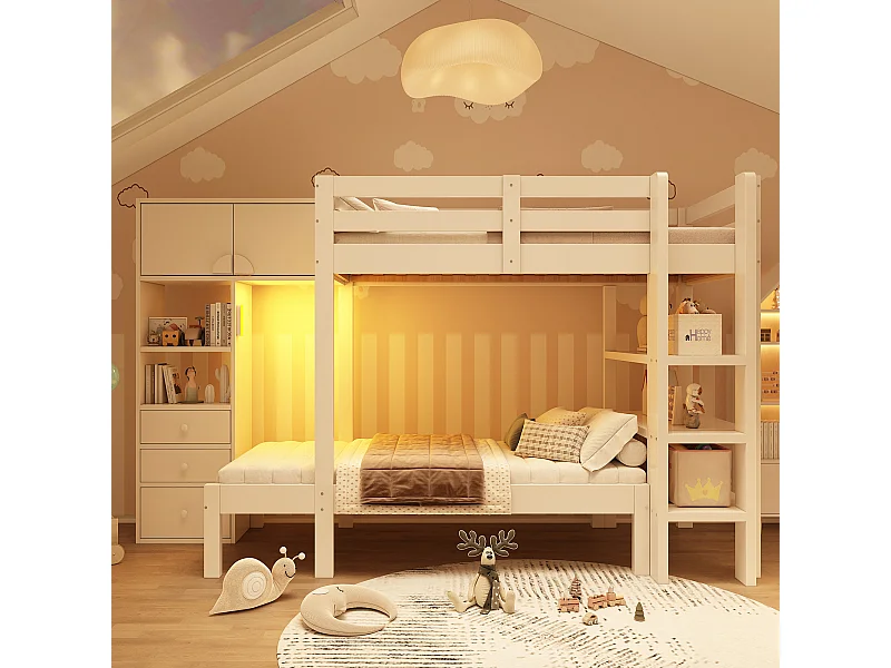 Litera infantil de 90x200 cm con 3 cajones, 2 puertas y luz nocturna LED - Blanca