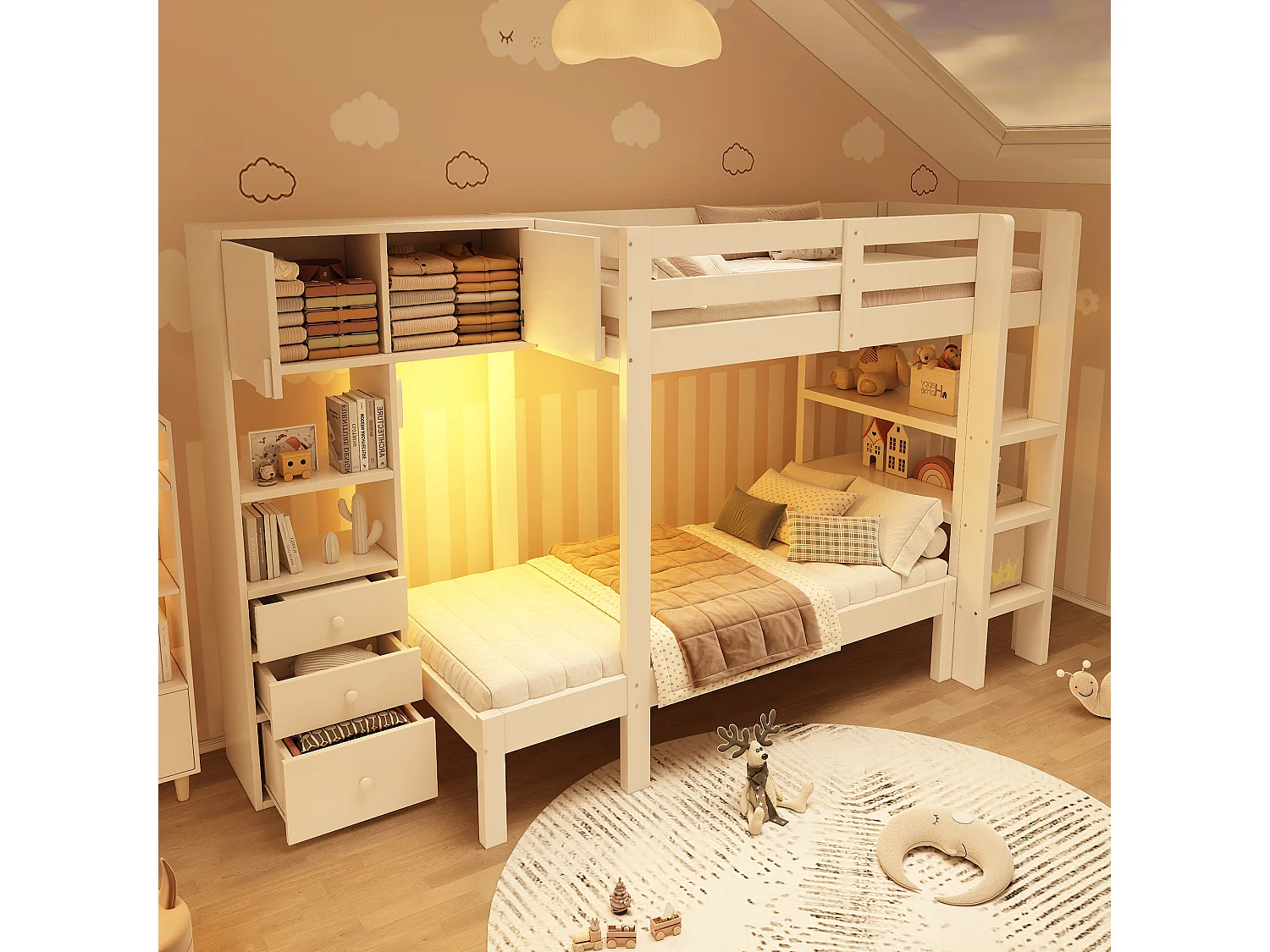 Lit superposé enfant 90x200cm avec 3 tiroirs, 2 portes et veilleuse LED - Blanc