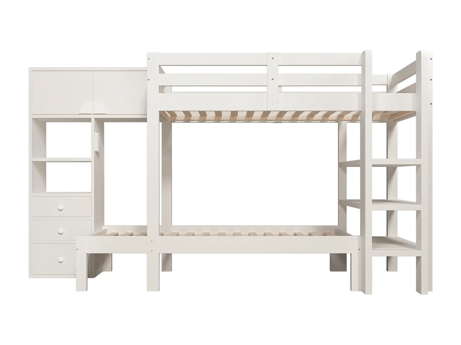 Lit superposé enfant 90x200cm avec 3 tiroirs, 2 portes et veilleuse LED - Blanc