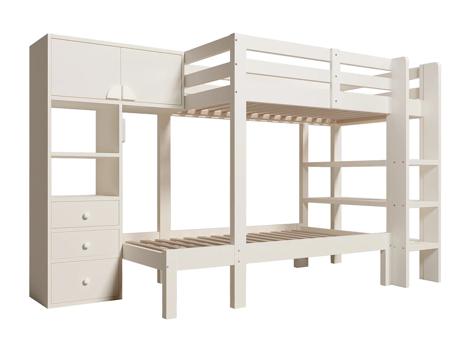 Lit superposé enfant 90x200cm avec 3 tiroirs, 2 portes et veilleuse LED - Blanc