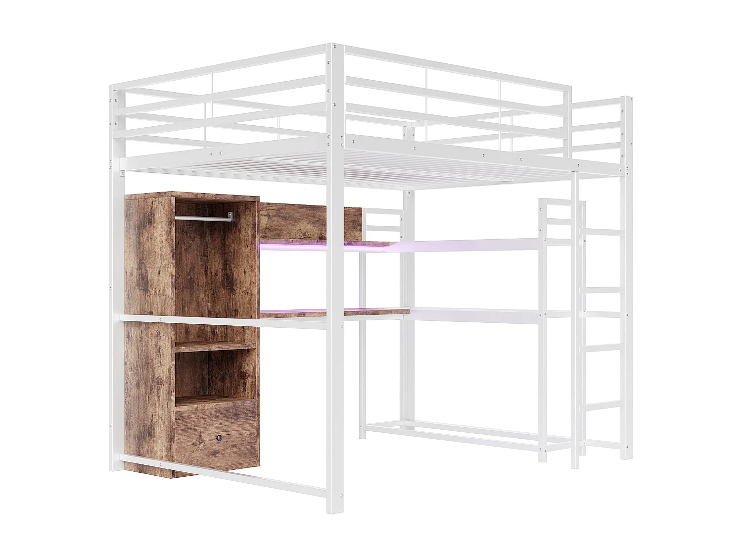 Lit mezzanine 140x200cm avec LED, bureau, tiroir et étagères, cadre en métal, blanc