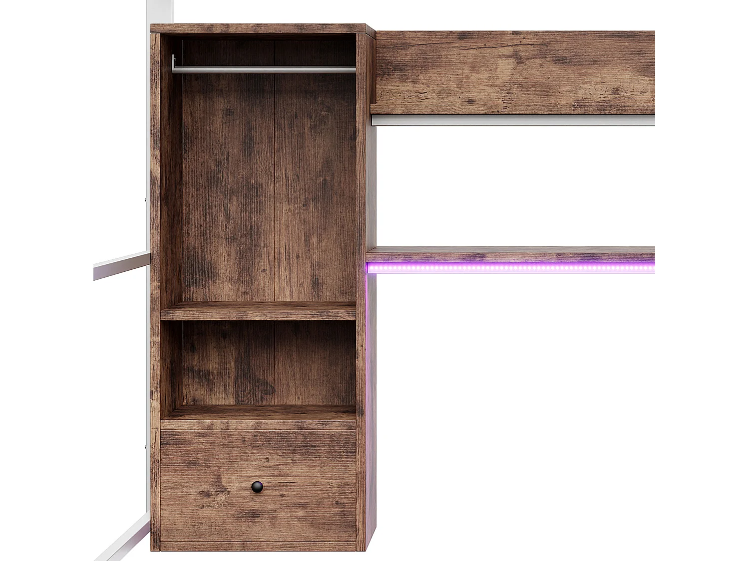 Lit mezzanine 140x200cm avec LED, bureau, tiroir et étagères, cadre en métal, blanc