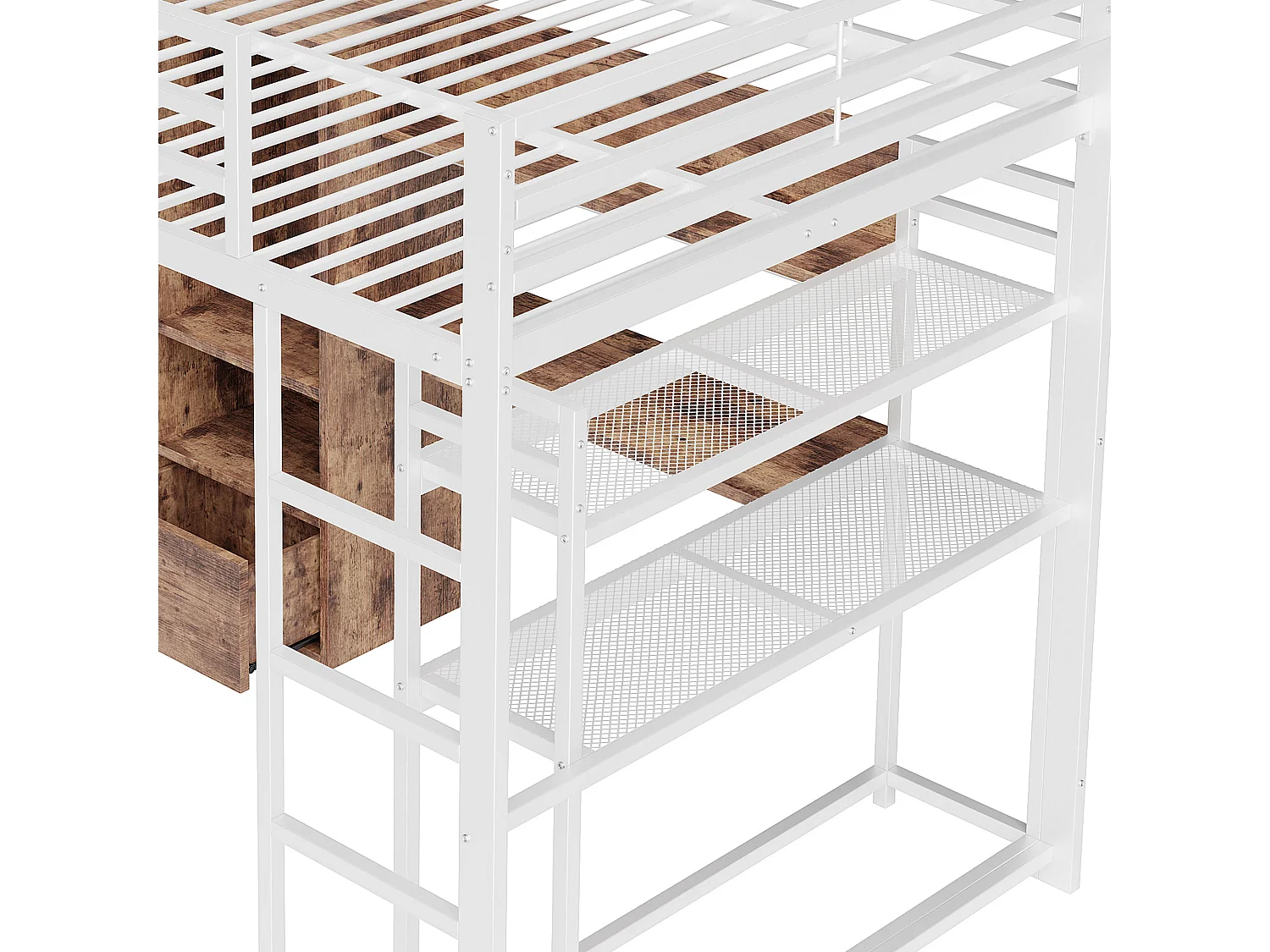 Lit mezzanine 140x200cm avec LED, bureau, tiroir et étagères, cadre en métal, blanc