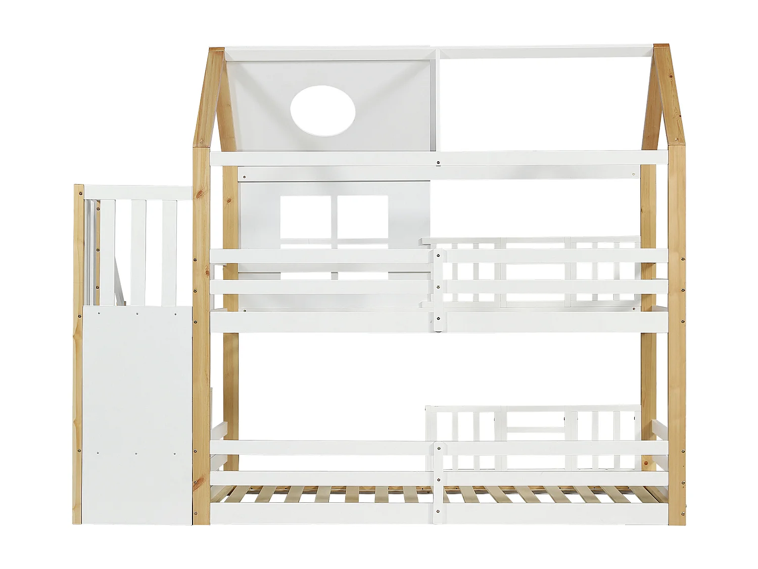 Lit superposé enfant 90x200cm avec escalier de rangement - Lit cabane avec fenêtre - Blanc