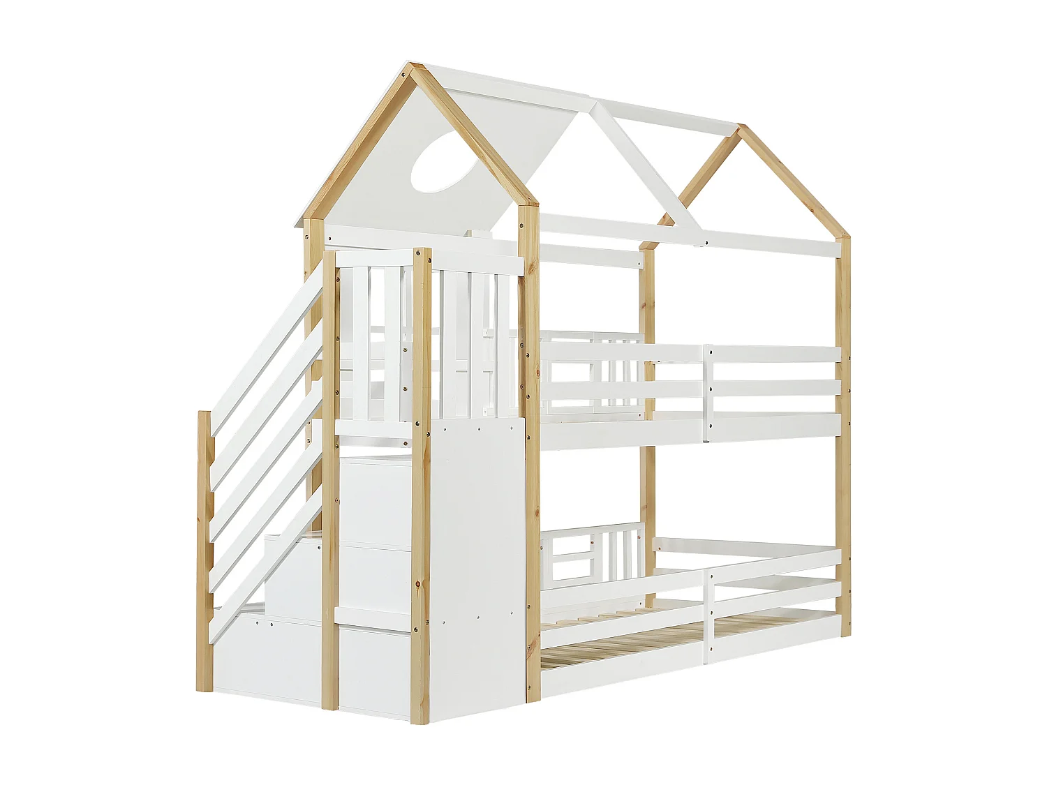 Lit superposé enfant 90x200cm avec escalier de rangement - Lit cabane avec fenêtre - Blanc