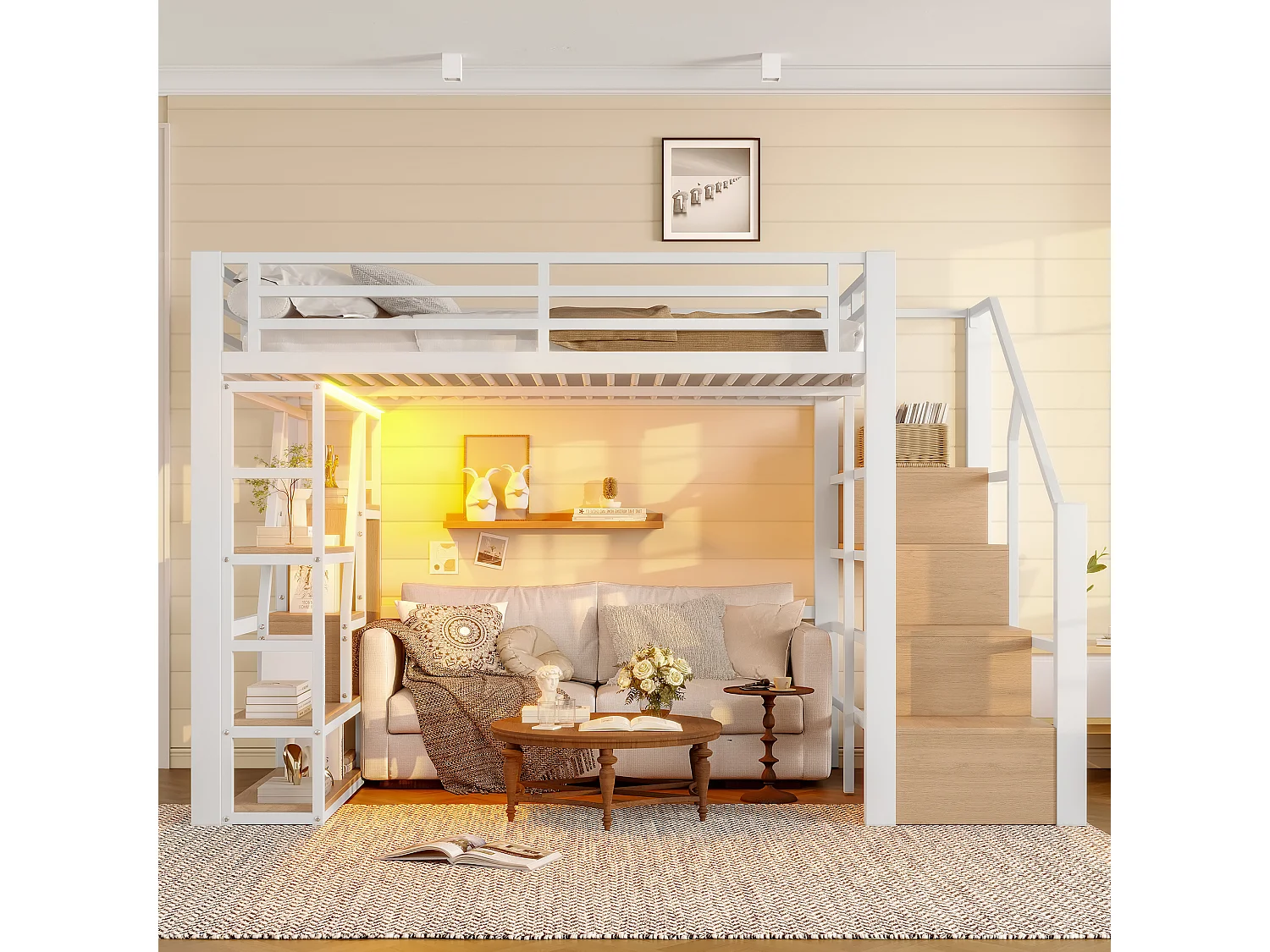 Lit mezzanine enfant 140 x 200 cm avec LED, rangement et escalier - MDF + métal -Blanc