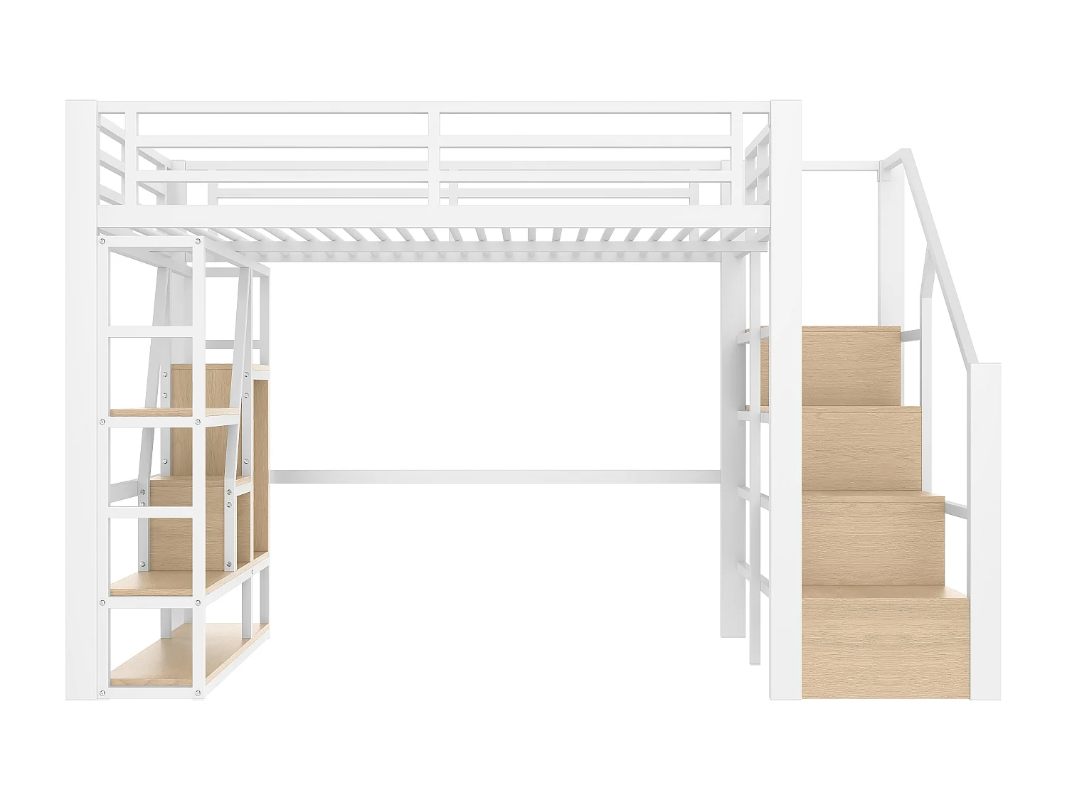 Lit mezzanine enfant 140 x 200 cm avec LED, rangement et escalier - MDF + métal -Blanc