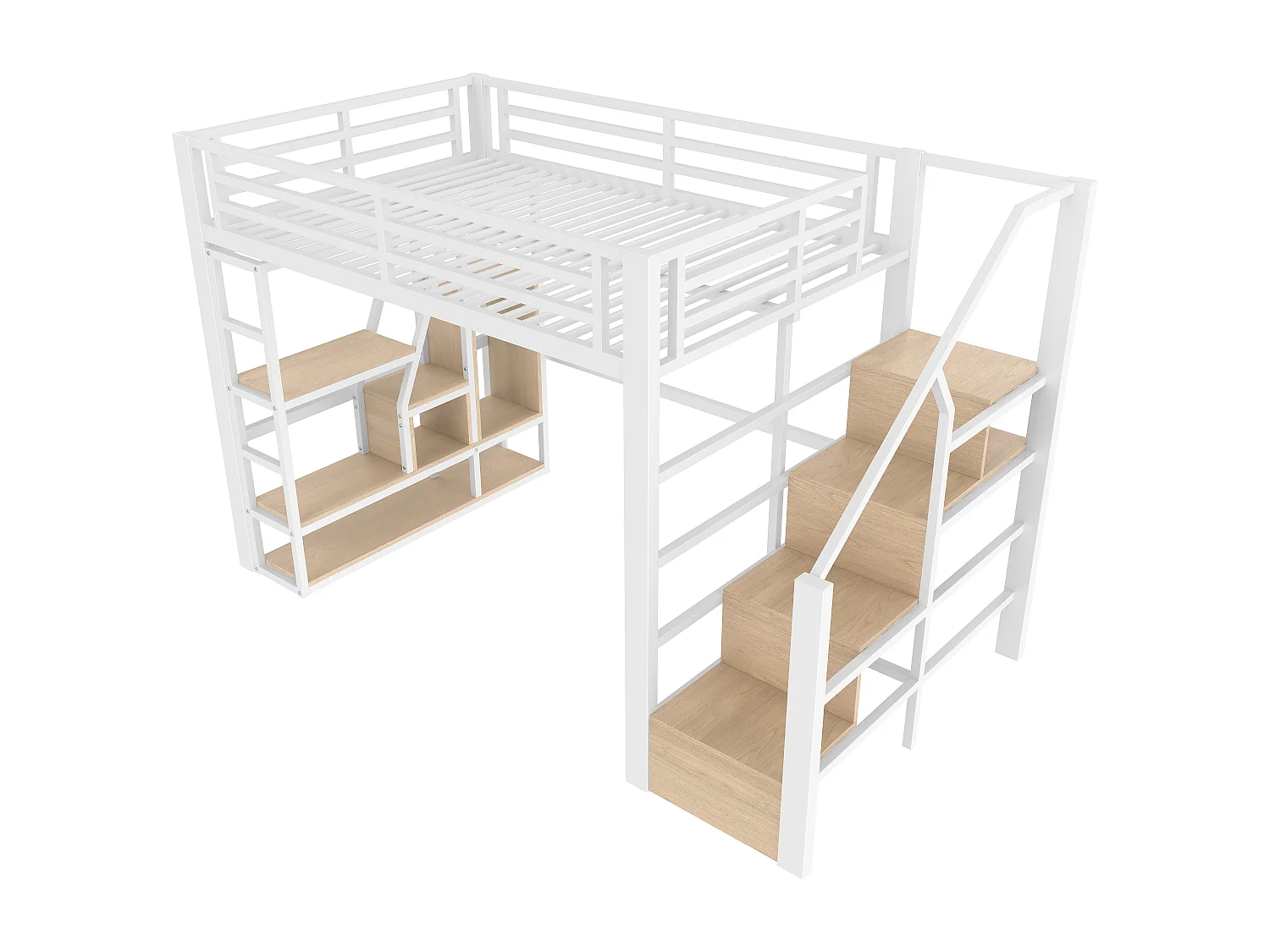 Lit mezzanine enfant 140 x 200 cm avec LED, rangement et escalier - MDF + métal -Blanc